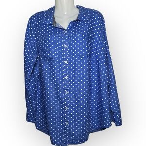 Womens Talbots 100% Linen Blue White Polka Dots Roll Tab Button Front Shirt 1X